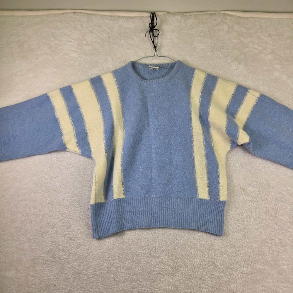 Vintage C&A Lambswool Angora Blue Cream Striped Silver Tinsel Sweater Size 38